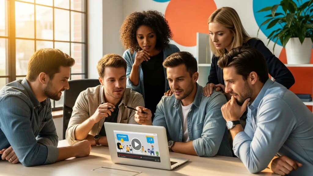 Diverse professionals collaborating on an explainer video in a modern office setting